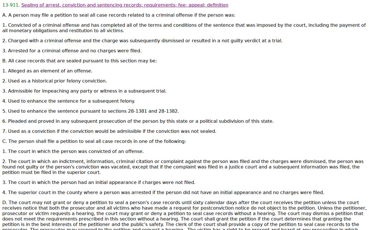 Pinal County criminal court docket Arizona sealing statute