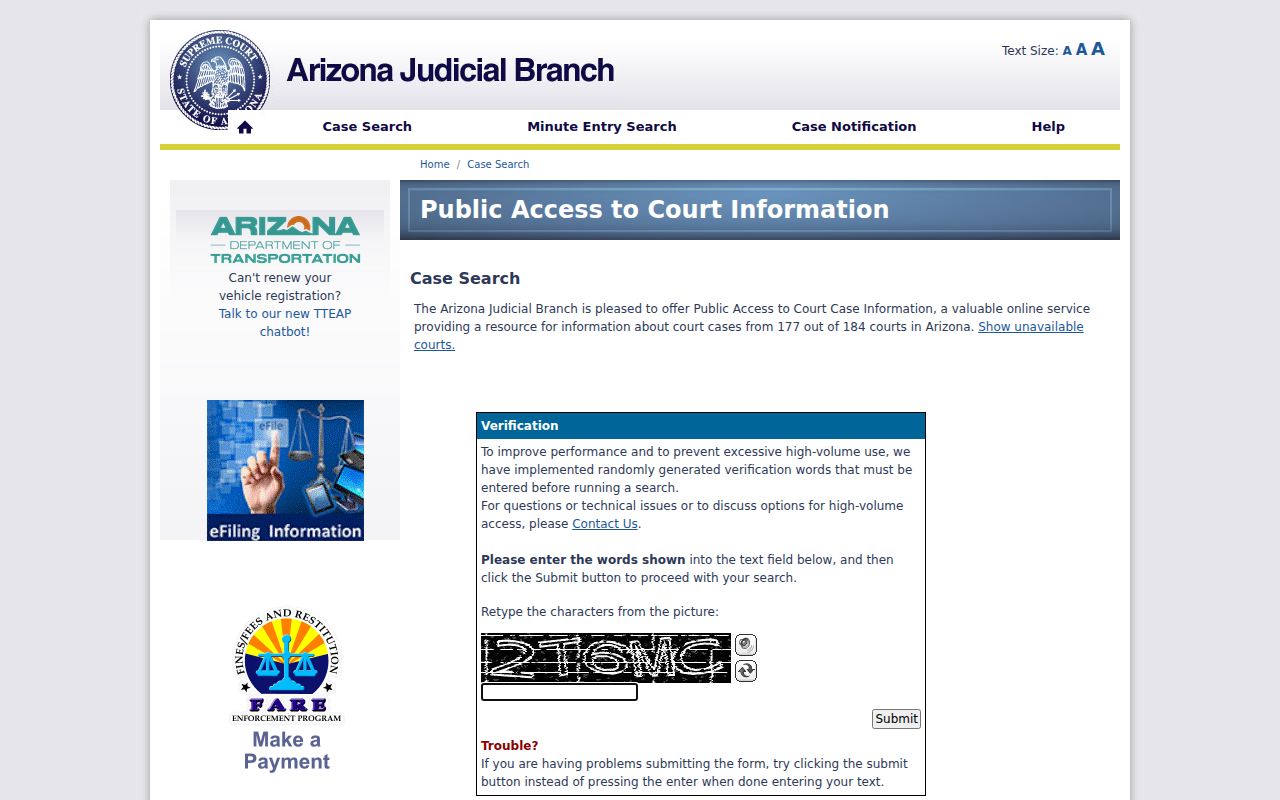 Pinal County court docket search screen in Arizona Case Search